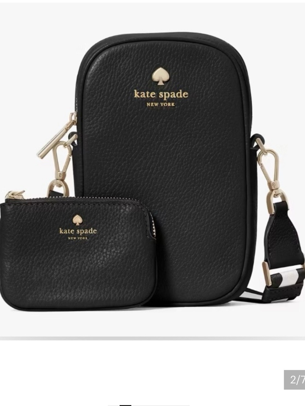 kate spade Black Pebbled Leather Crossbody with Striped Logo Strap